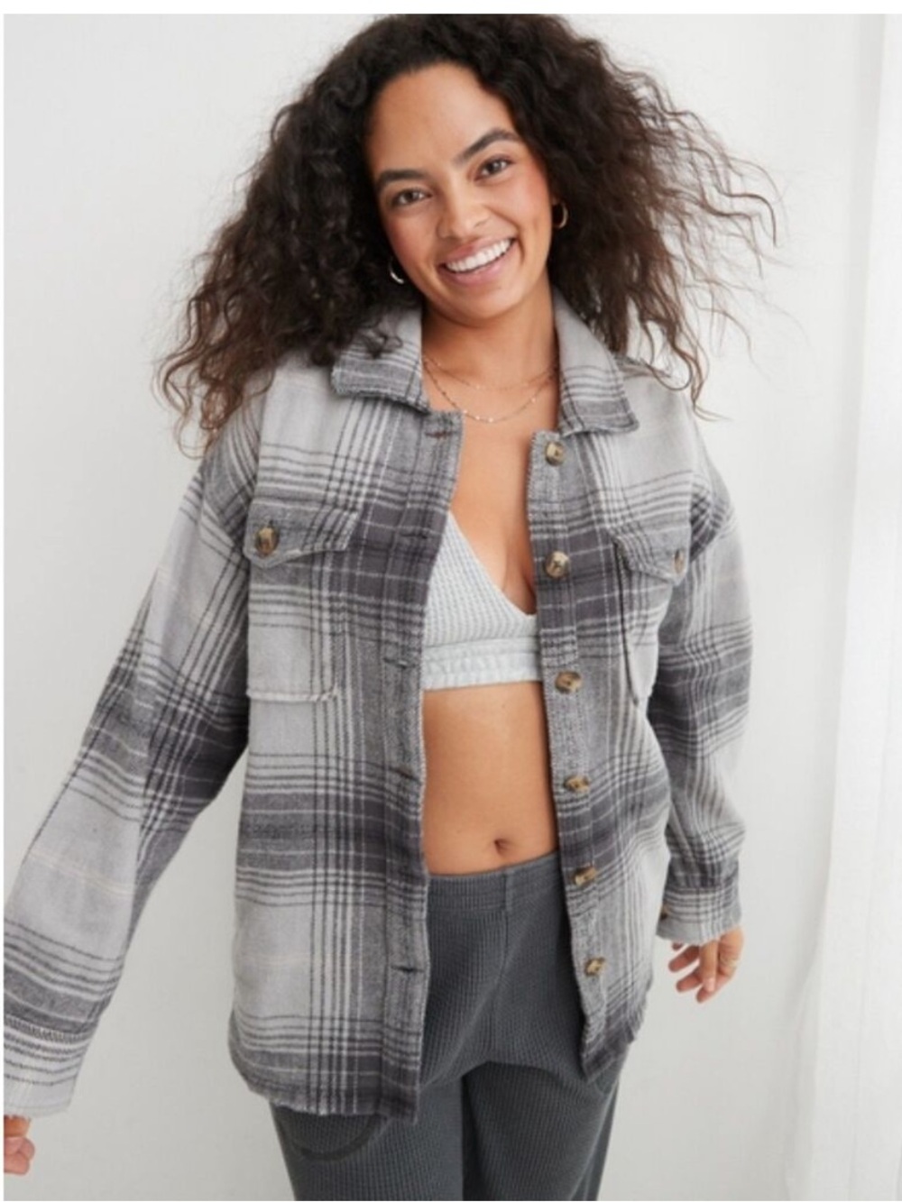 AERIE Woven Soft Shacket Silver Shadow Flannel